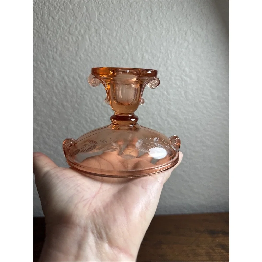 Vintage 1920s imperial glass double scroll rose pink candlestick cut floral...
